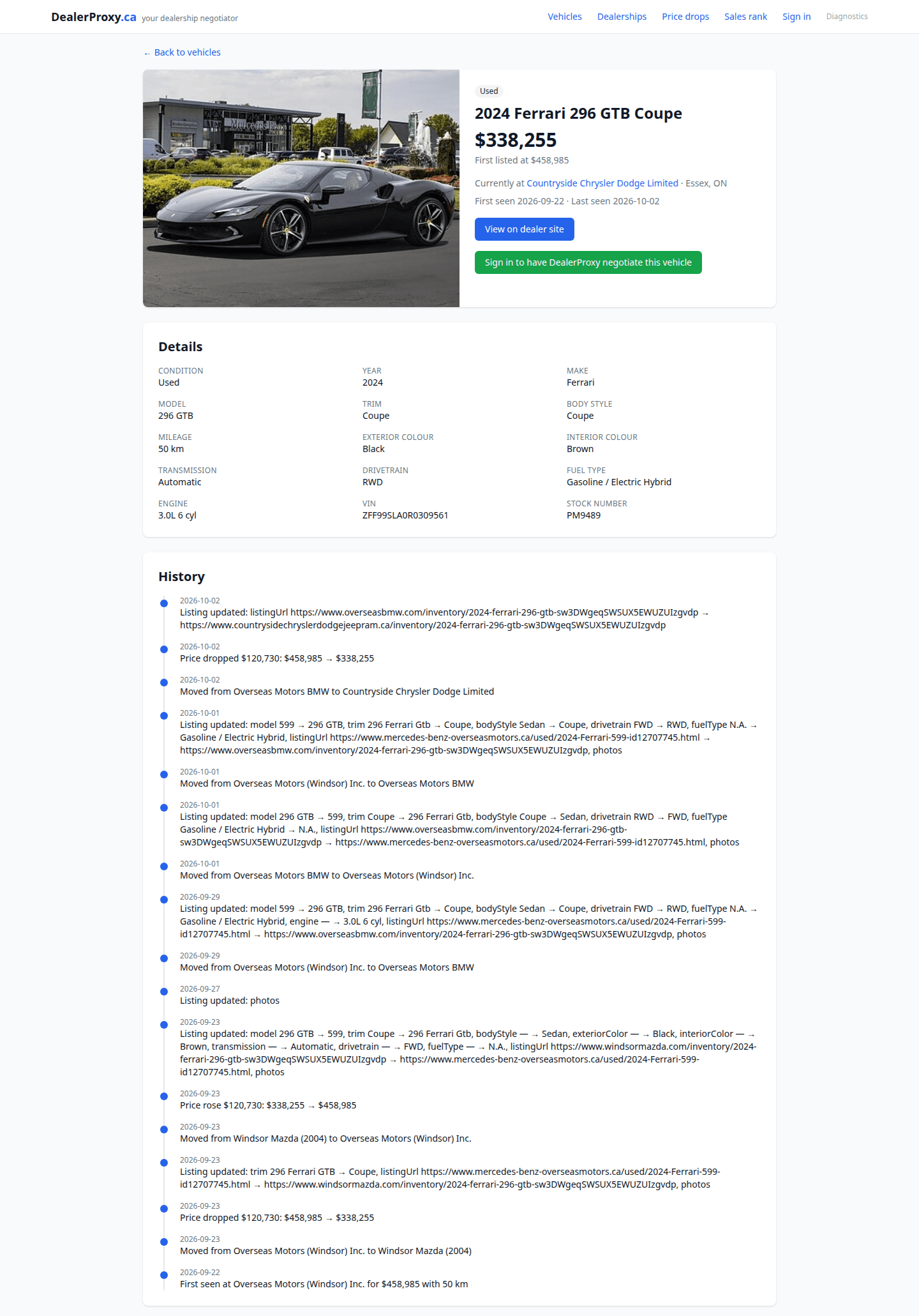 DealerProxy.ca history page for a 2024 Ferrari 296 GTB: price, details, and a timeline of price changes, detail changes and moves between dealerships in one Windsor dealer group