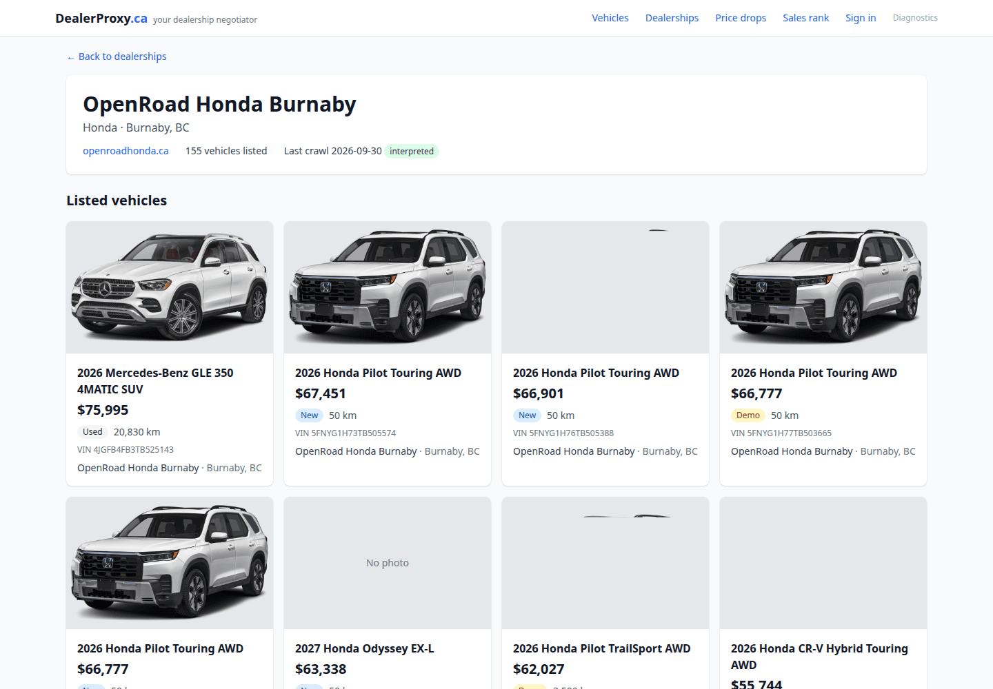 DealerProxy.ca dealership page for OpenRoad Honda Burnaby: 155 vehicles listed, last crawl interpreted, and a grid of vehicle cards with photos