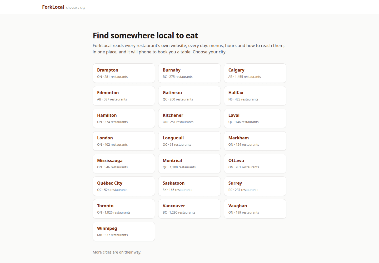 ForkLocal.ca city chooser: 22 Canadian cities from Brampton to Winnipeg, each with its restaurant count