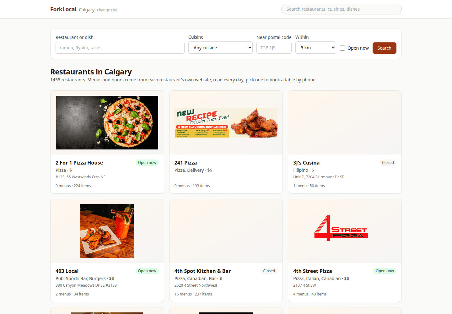 ForkLocal Calgary: search, cuisine, postal code distance and open-now filters above 1,455 restaurant cards with photos, cuisines, addresses, open-now badges and menu and item counts