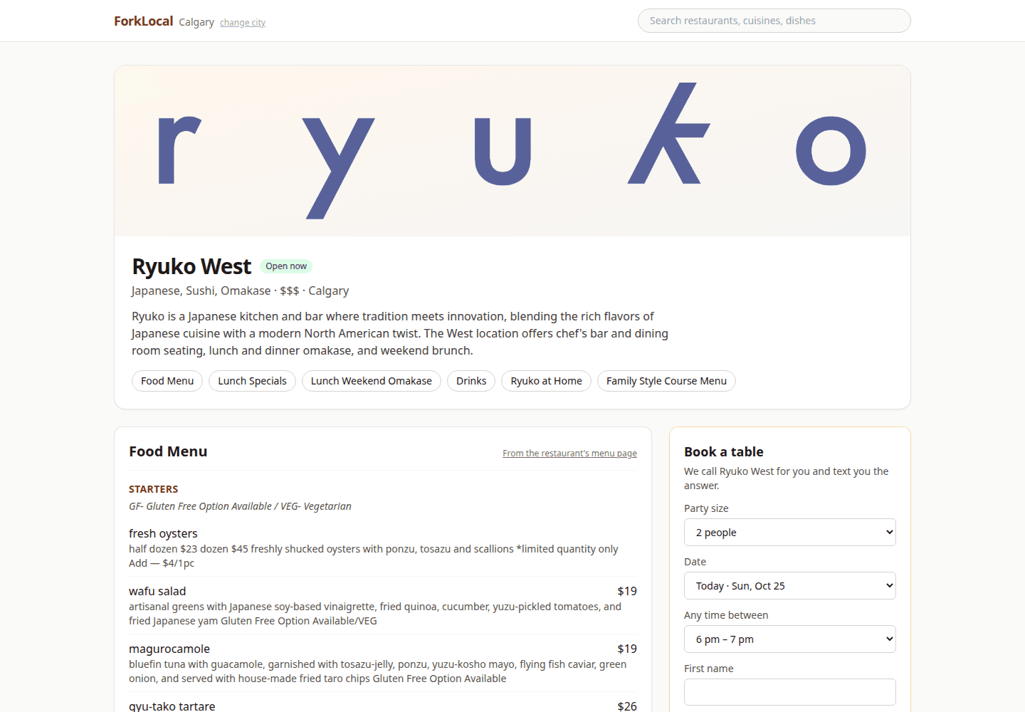 Ryuko West on ForkLocal: the restaurant's logo, an Open now badge, cuisines, description, six menu tabs, the food menu with prices, and a Book a table form with party size, date, time range and first name