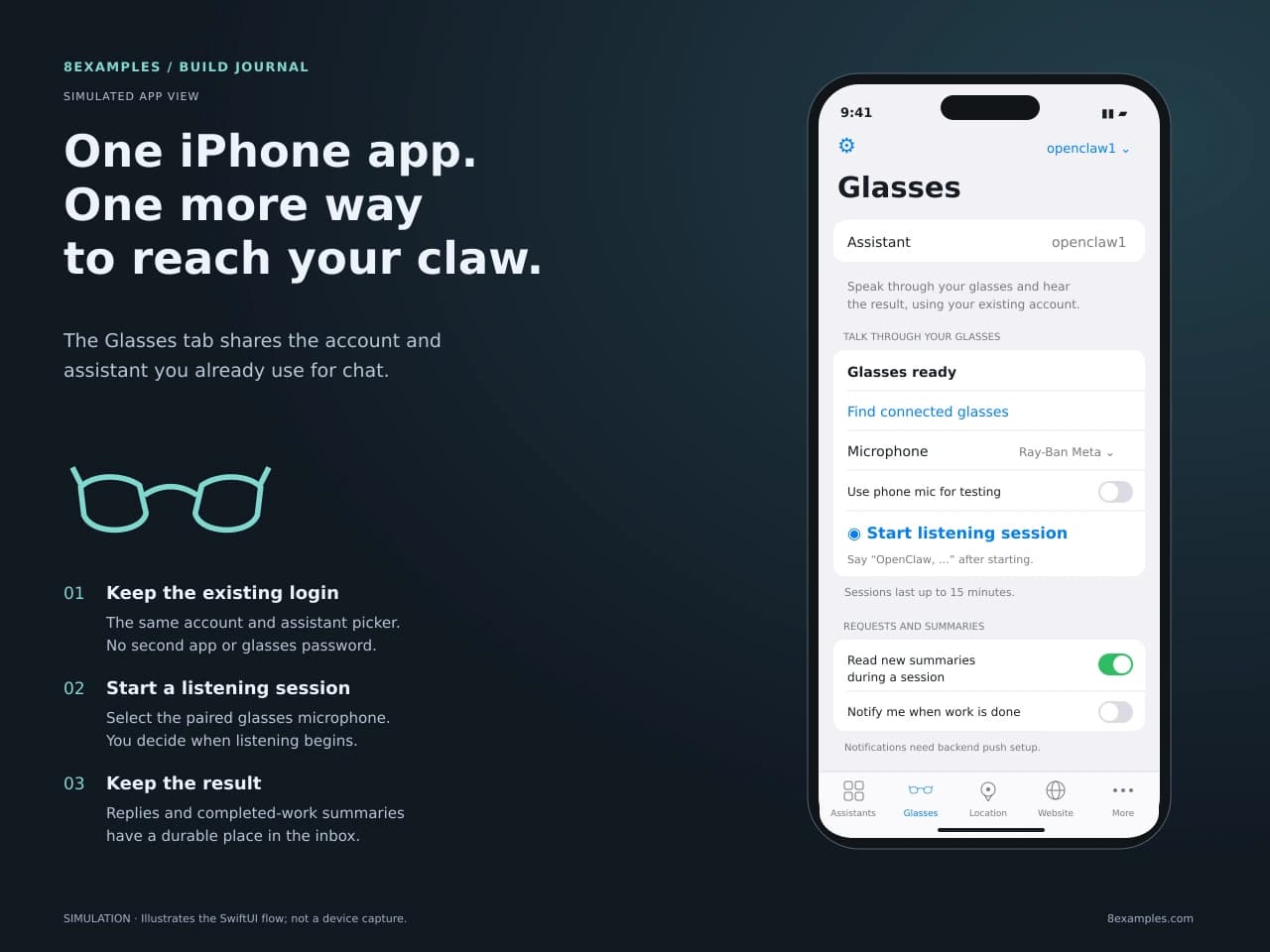 Simulated iPhone Glasses tab with the shared openclaw1 selector, Bluetooth microphone selection, and an explicit Start listening session button
