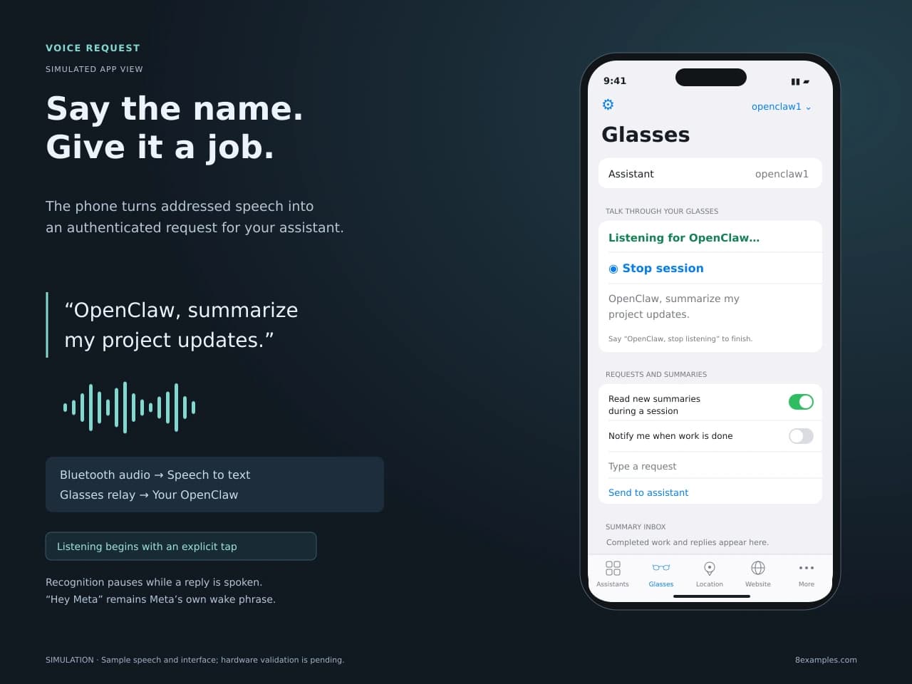 Simulated active listening session showing the spoken request OpenClaw, summarize my project updates, and a Stop listening session control
