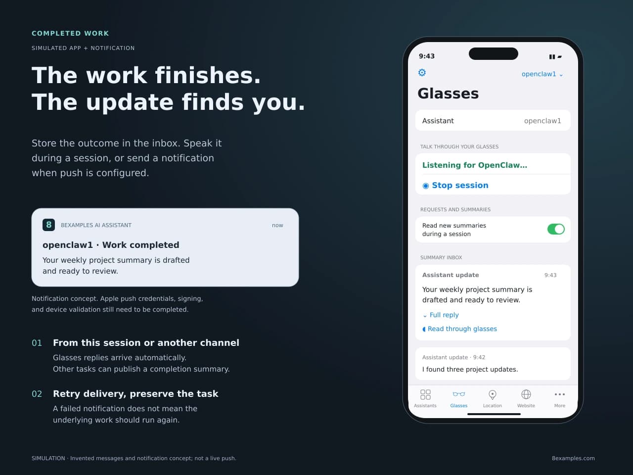 Simulated summary inbox with a Read through glasses button, alongside an illustrative iPhone notification for a completed weekly project summary; push setup is marked pending